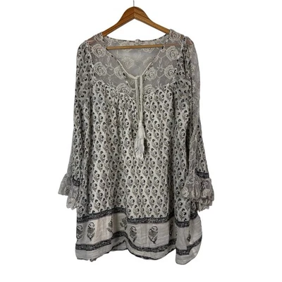 Vestido Free People Nomad Niño Encaje Estampado Boho Borla Marfil Mini Talla L Foto 1 de 4