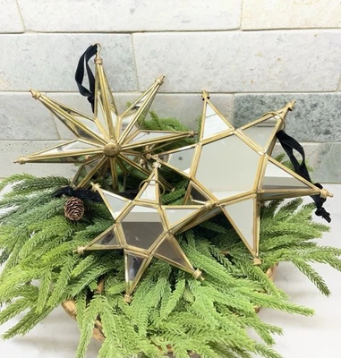 CRATE AND BARREL Large Brass Framed Mirrored 6 Point Star Christmas Ornament 8” Made In India