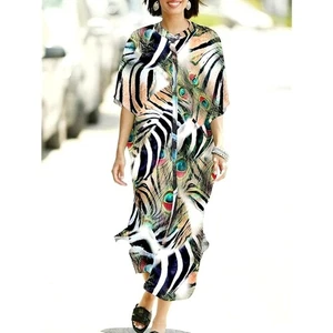 Peacock Feather Print Kimono-Maxi Dress, One Size - Picture 1 of 11