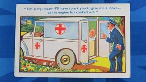 Vintage Comic Postkarte 50er Jahre Rotes Kreuz Krankenwagen Fahrer Panne Autofahren Thema - Bild 1 von 2