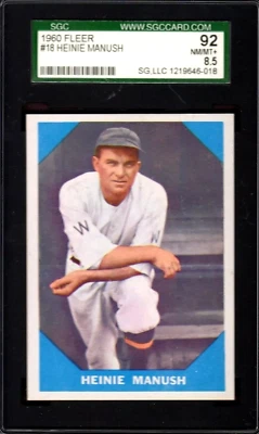 Fleer #18 1960 Heinie Manush Washington SGC 8,5 casi nuevo-como nuevo + aspecto bien centrado 9,0 Foto 1 de 2