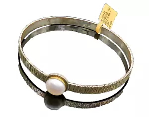 925 Sterling Silver & 14K GOLD Vintage Pearl Dome Bangle Bracelet BT8083 - Picture 1 of 6