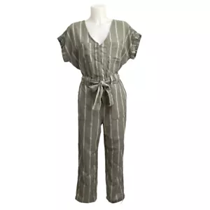 AMERICAN EAGLE Olive Green Striped Linen Blend V neck Shortsleeve Jumpsuit XS - Picture 1 of 11
