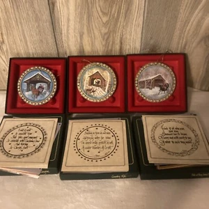 3 P Buckley Moss Bridge Trilogy Christmas Ornaments Set Porcelain Signed COA Box - Picture 1 of 8
