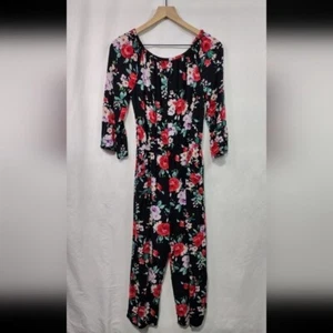 Abercrombie Kids Floral Jumpsuit Girls 15/16 Black Red Boho Retro Cottagecore - Picture 1 of 10