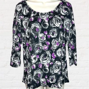 Charter Club Floral Abstract Shirt Black Gray Purple Roses Size Medium Women’s - Picture 1 of 8