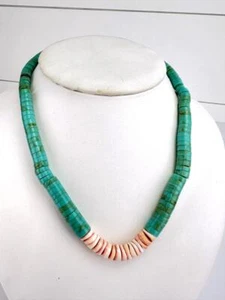 "Collar Heishi graduado de 18" con cáscara de ostra turquesa y espinosa artesanal navajo de colección" - Imagen 1 de 10