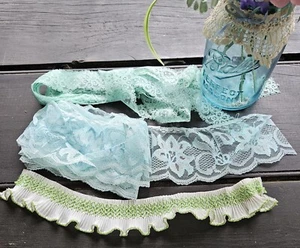 Vintage Lace Trim Edging Blue-Green Turquoise Wide Ruffled Smocked Pleated Lot - Picture 1 of 12