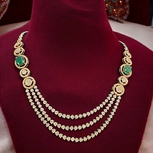 10.60 TCW Round Brilliant Diamonds Emerald Three-Strand Tennis Necklace 14K Gold - Picture 1 of 15
