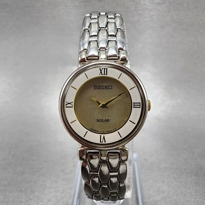 Seiko Solar Watch Women 23mm Champagne Dial Silver Tone V110-0a40 Runs - Image 1 of 4