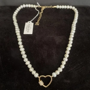 Park Lane White Pearl Gold Tone Heart CZ Pendant Necklace 16” - Picture 1 of 5