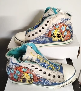 DON ED HARDY LACELESS GOLD SKULL RED HAIR HIGH TOP SNEAKERS SIZE UK 6.5 - Picture 1 of 8