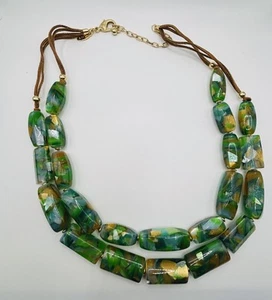 Chico’s Green Gold Tone Double Strand Glass Bead Necklace 24” - Picture 1 of 5