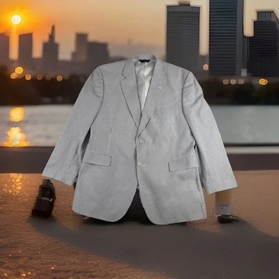 Jos A Bank 男式蓝色白色泡泡纱西装外套运动外套 46R 100% 棉学院风 — 第 1/4 张图片