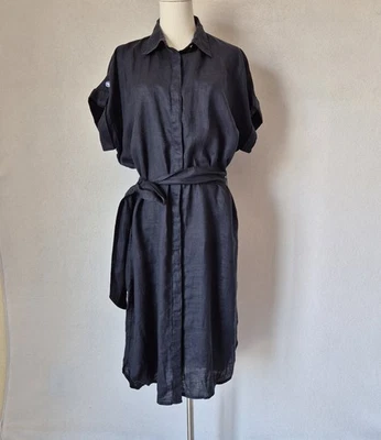 Vestido Camisa Midi Lauren Ralph Lauren Lino Cinturón Botón Manga Corta Azul Marino Talla 12 Foto 1 de 4