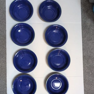 Pottery Barn Enamelware 8" bowls blue w/ green Rims Set of 8 Camping RV - Picture 1 of 16