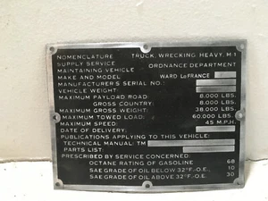 Nomenclature Data Plate for Heavy Wrecking Truck, M1. NOS. - Picture 1 of 3