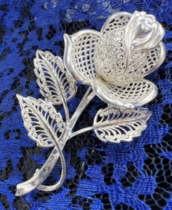 Vintage Flower Rose 2 3/8" x 1 1/2" 800 Silver BROOCH Pin Broach - Picture 1 of 3