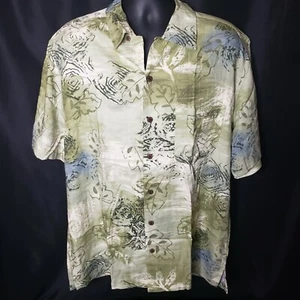 Mens Large Button Up Shirt Caribbean Joe Green Beige Hawaiian Camp Short Sleeve - Picture 1 of 8