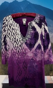 Chico’s Top 1 Purple Artsy Beads Sequins Neck Rayon Spandex Tee Shirt Blouse - Picture 1 of 6