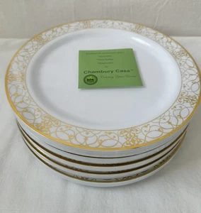 50 Chambury Casa Fancy Round Plastic Dinner Plates w/ Gold Rim 10” White NEW - Picture 1 of 5