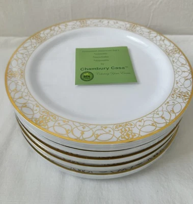 50 Chambury Casa Fancy Round Plastic Dinner Plates w/ Gold Rim 10” White NEW - Image 1 of 4