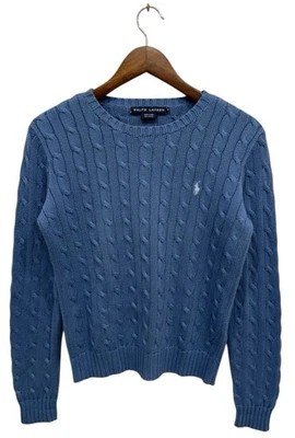 Polo Ralph Lauren Sport Women’s M Blue Cable Knit Sweater White Pony Logo Cotton - Image 1 of 4