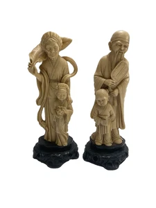 Juego de 2 estatuillas asiáticas talladas a mano vintage de hombre y mujer con niños de 10" de alto - Imagen 1 de 7