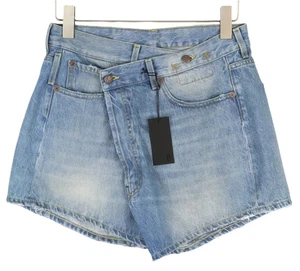 R13 Cross Over Women Shorts 26 Washed Denim Blue Asymmetrical Distress RRP€599 * - Picture 1 of 10