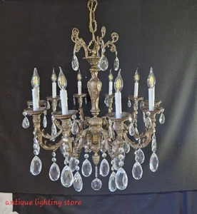 Antique Vintage French Chandelier Brass & Crystals Ceiling Light 10 Arms Ø 28"in - Picture 1 of 23