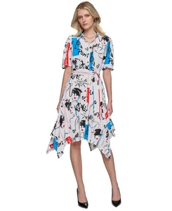 Karl Lagerfeld Paris Women's Bungee-Sleeve Shirt Dress (Soft White Multi, 4) - Picture 1 of 5