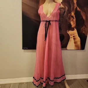 Vintage 60's Aristocraft Pink Black Trim Sheer Nylon Baby Doll Nightgown USA S - Picture 1 of 8