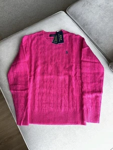 Polo Ralph Lauren Wool Cashmere Cable Knit Crew neck Jumper L Large Pink - Picture 1 of 6