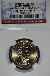 2008 P- NGC BU FIRST DAY OF ISSUE JAMES MONROE PRESIDENT DOLLAR #B50241 - Picture 1 of 2