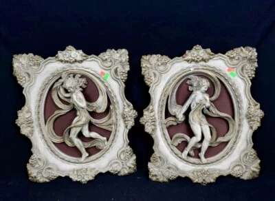 VTG Large Chalkware Ornate Statuary Plaster Wall Plaques Semi Nude Regency 16” - Image 1 of 4