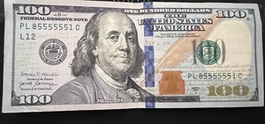 2017A  $100 DOLLAR BILL  "PL85555551C"  FANCY SERIAL NUMBER "555555" - Picture 1 of 3