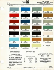 1972 FORD MAVERICK MUSTANG PINTO RANCHERO TORINO PAINT CHIPS SHEET (PPG) - Bild 1 von 1