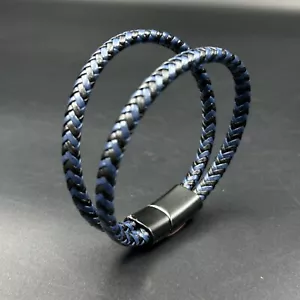 Braided Blue Black Leather Men's Wrist Band Bracelet 14K Black Gold Finish - Picture 1 of 9