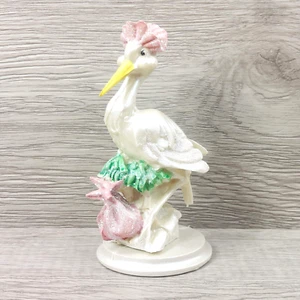 Baby Shower Stork Figurine Carrying a Pink Bag Baby Born Vintage Gift Collection - Picture 1 of 12