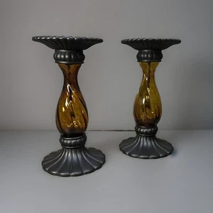 Partylite GLOBAL FUSION Bernstein Glas Kerzenständer Paar - Bild 1 von 2
