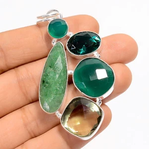 Chalcedony Green Amethyst Gemstone 925 Silver Handmade Pendant 2.5" ARP-4619 - Picture 1 of 3