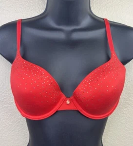 Victoria Secret Lined Demi Bra 34C Rhinestones Red Satin Underwire Adjustable - Picture 1 of 6