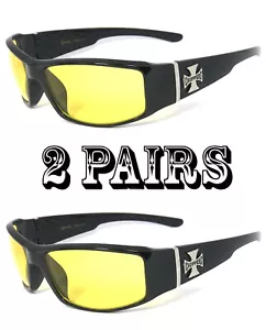2 PAIR COMBO Chopper Sunglasses Motorcycle Riding Glasses Shiny Black Yellow Len - Picture 1 of 5