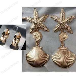 CLIP ON 3.25"long BIG DROP EARRINGS large GOLD FASHION starfish SEA SHELL star - Picture 1 of 2