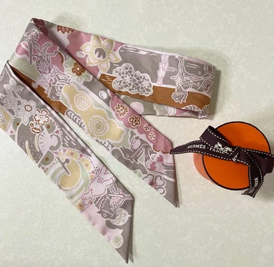 Hermes Twilly Silk Scarf Pastel Pink Floral Pattern 100% Silk Authentic France - Image 1 of 2