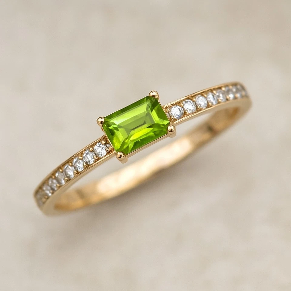 Peridot & Diamond Minimal Band Solid 14K Gold August Birthstone Ring #1009 - Image 1 of 1
