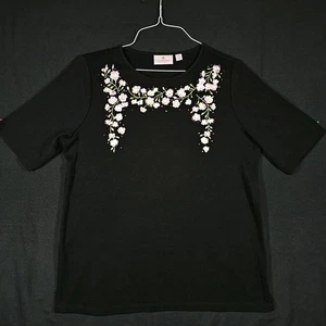 BOB MACKIE Wearable Art Top Tshirt SIZE MEDIUM Black w/ Pink Embroidered Flowers - Picture 1 of 10