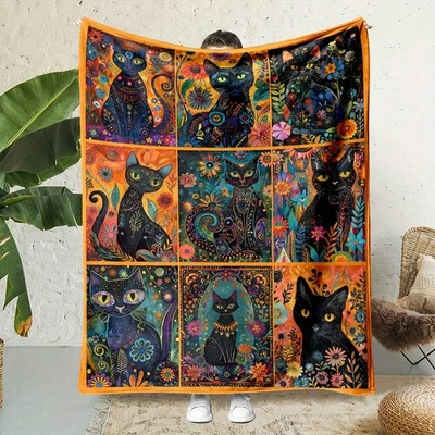 Colcha colorida de franela cuadrada con patrón floral de gato negro 60x80 pulgadas Foto 1 de 4