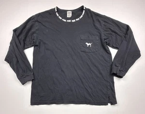 Victoria Secret Pink Long Sleeve Pocket T Shirt Black Crew Neck Logo Back Black - Picture 1 of 6