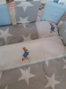 peter rabbit cot bed quilt and pillow embroidered. Grey and white stars - Picture 1 of 7